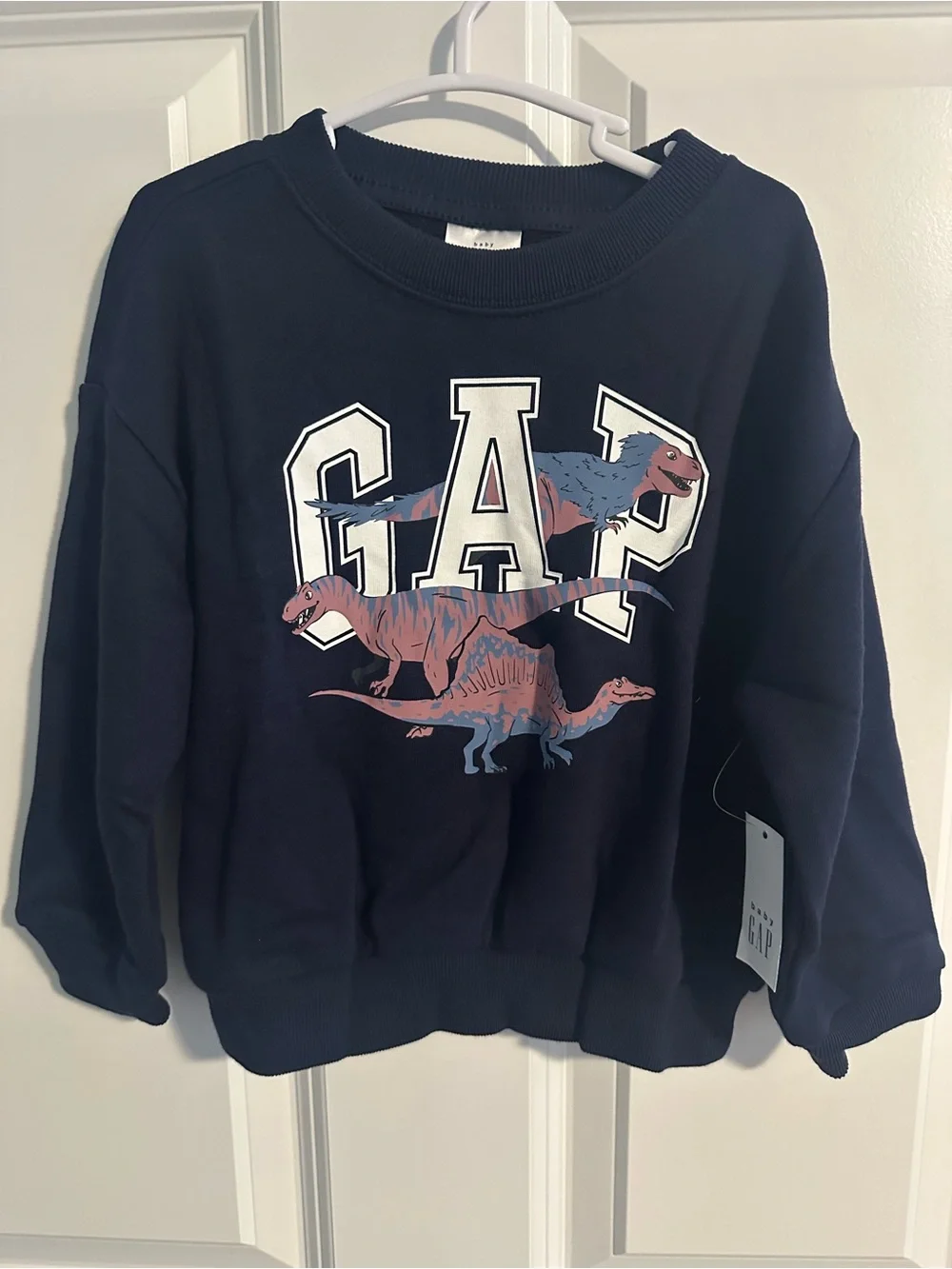 GAP Navy Sweatshirt with Pink & Blue Dinosaur Graphic